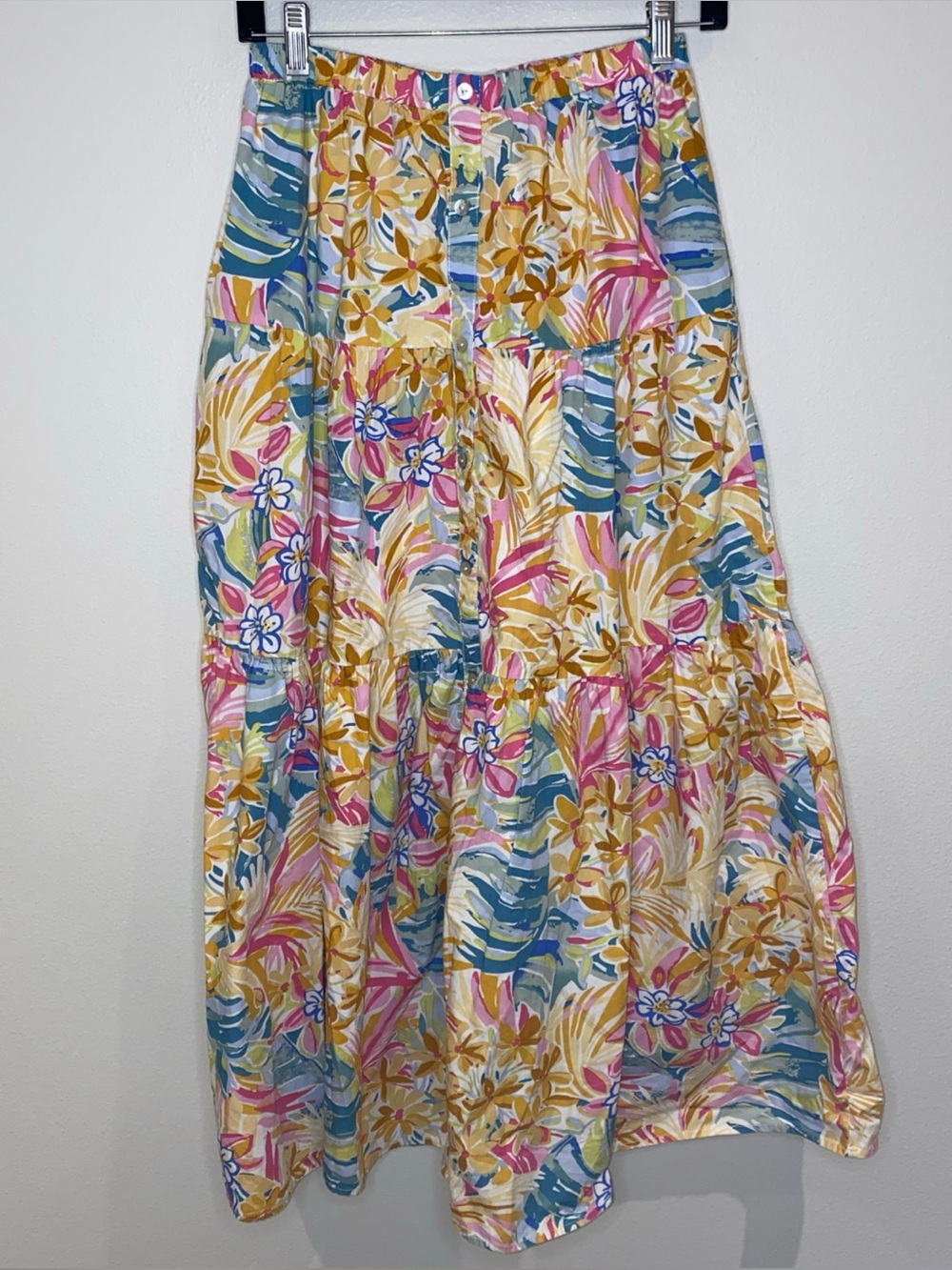 Melloday Floral Tiered Maxi Skirt Size M Yellow Multicolor Boho Summer Pockets